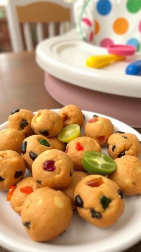 A plate of golden homemade baby snacks made with banana and oats, suitable for an 8-month-old.
